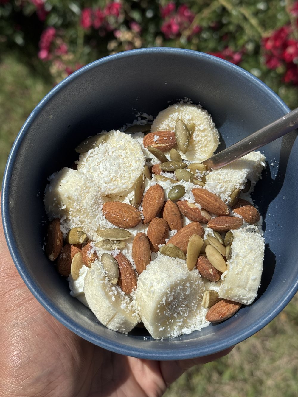 Aesthetic breakfast bowl with banana, coconut and yogurt.